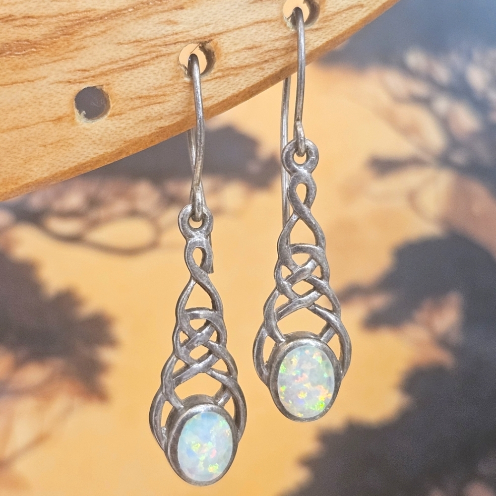 925 Celtic Knot White Fire Opal Stone Dangle Sterling Silver Earrings